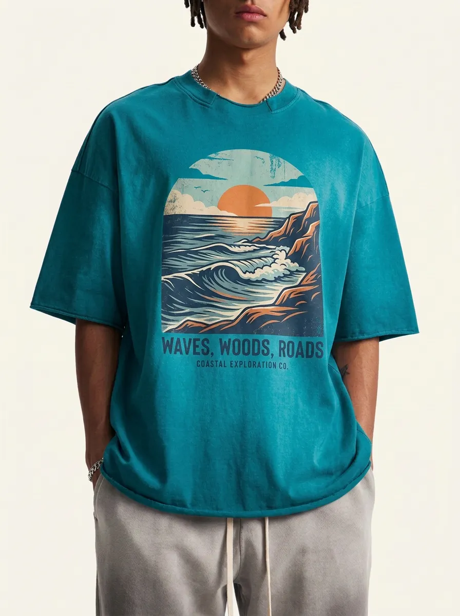 Men's Coastal Exploration Ocean Sunset Printed T-shirt