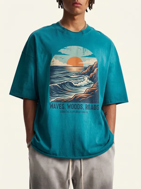 Men's Coastal Exploration Ocean Sunset Printed T-shirt