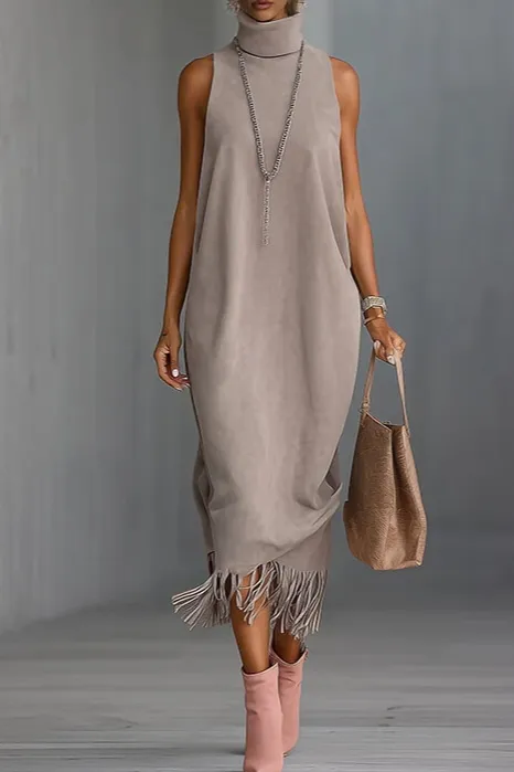 Elegant Faux Suede Fringe Hem Sleeveless Midi Dress