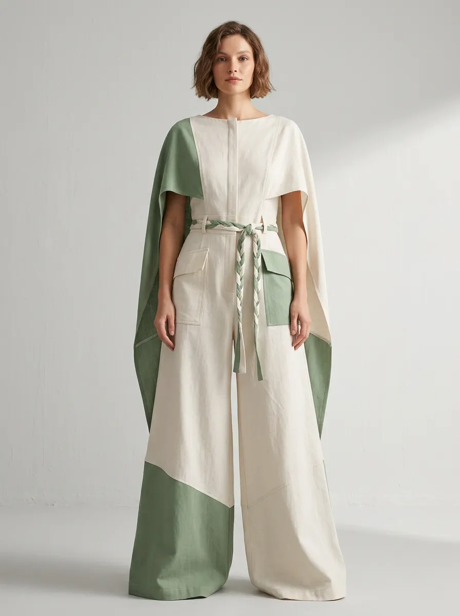 Women's Sage Green White Colorblock Cape Sleeve Jumpsuit
