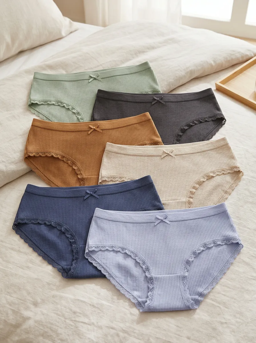 Women's Ribbed Knit Lace-Trim Briefs Set
