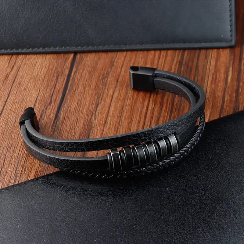 Simple Titanium Steel Braided Layer Leather Buckle Bracelet