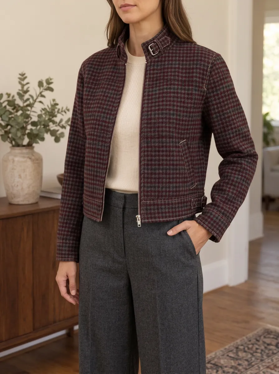 Women's Vintage Houndstooth Houndstooth Plaid Stand Collar Cropped Jacket