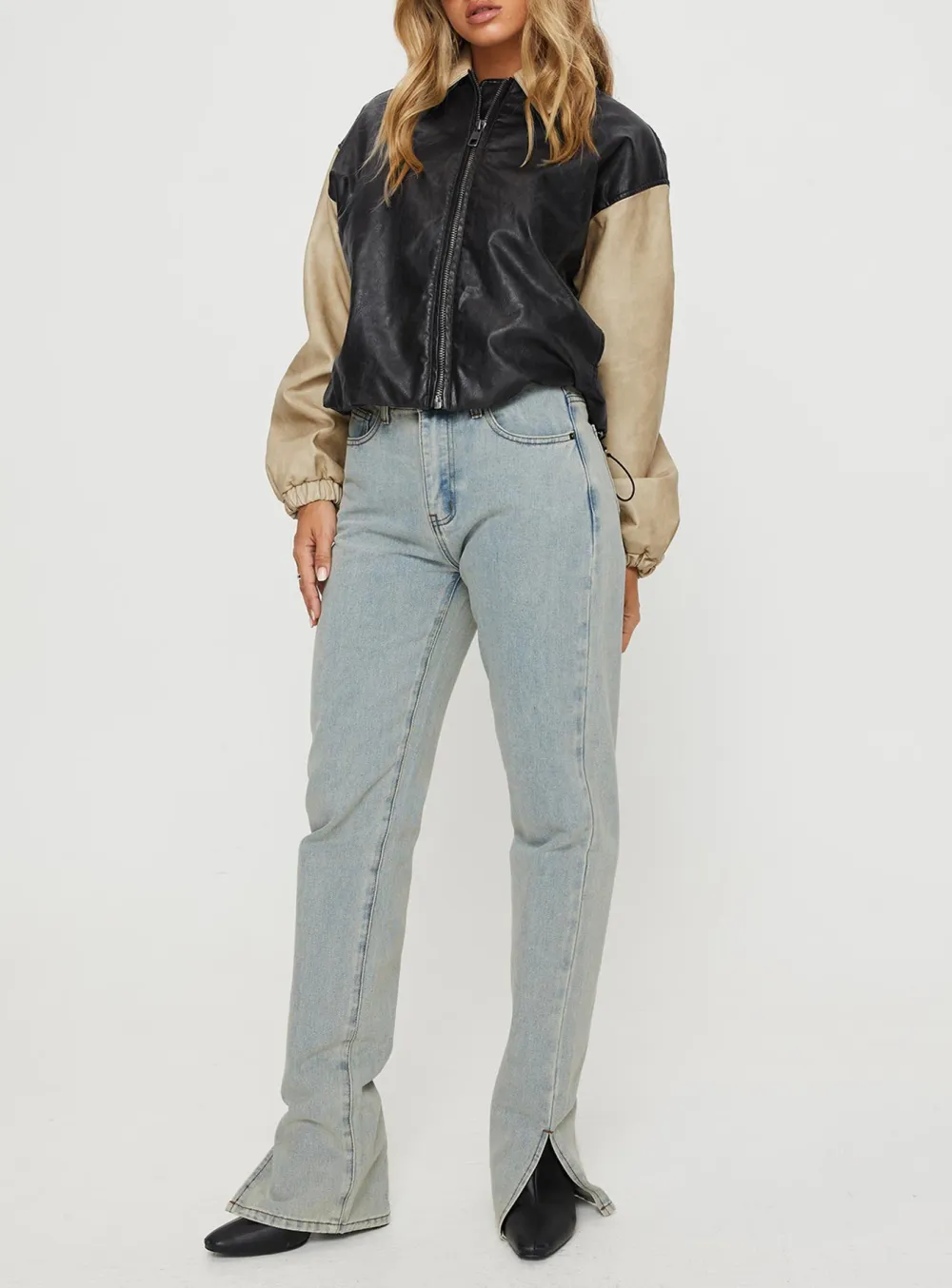 Two Tone Faux Leather Collared Jacket