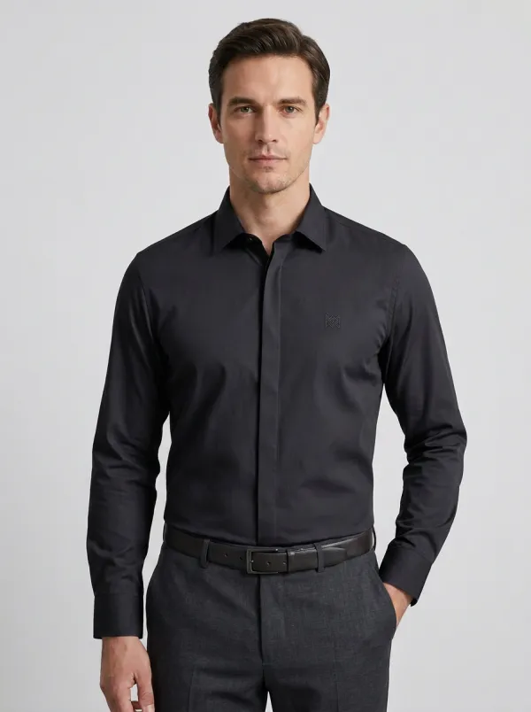 Men's Non-Iron Cotton Geometric Logo Embroidered Dress Shirt