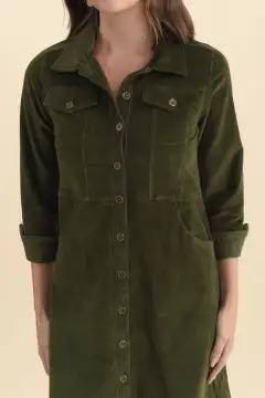 Knee-Length Cotton Button-Front Pocket Collared Long-Sleeve A-Line Dress