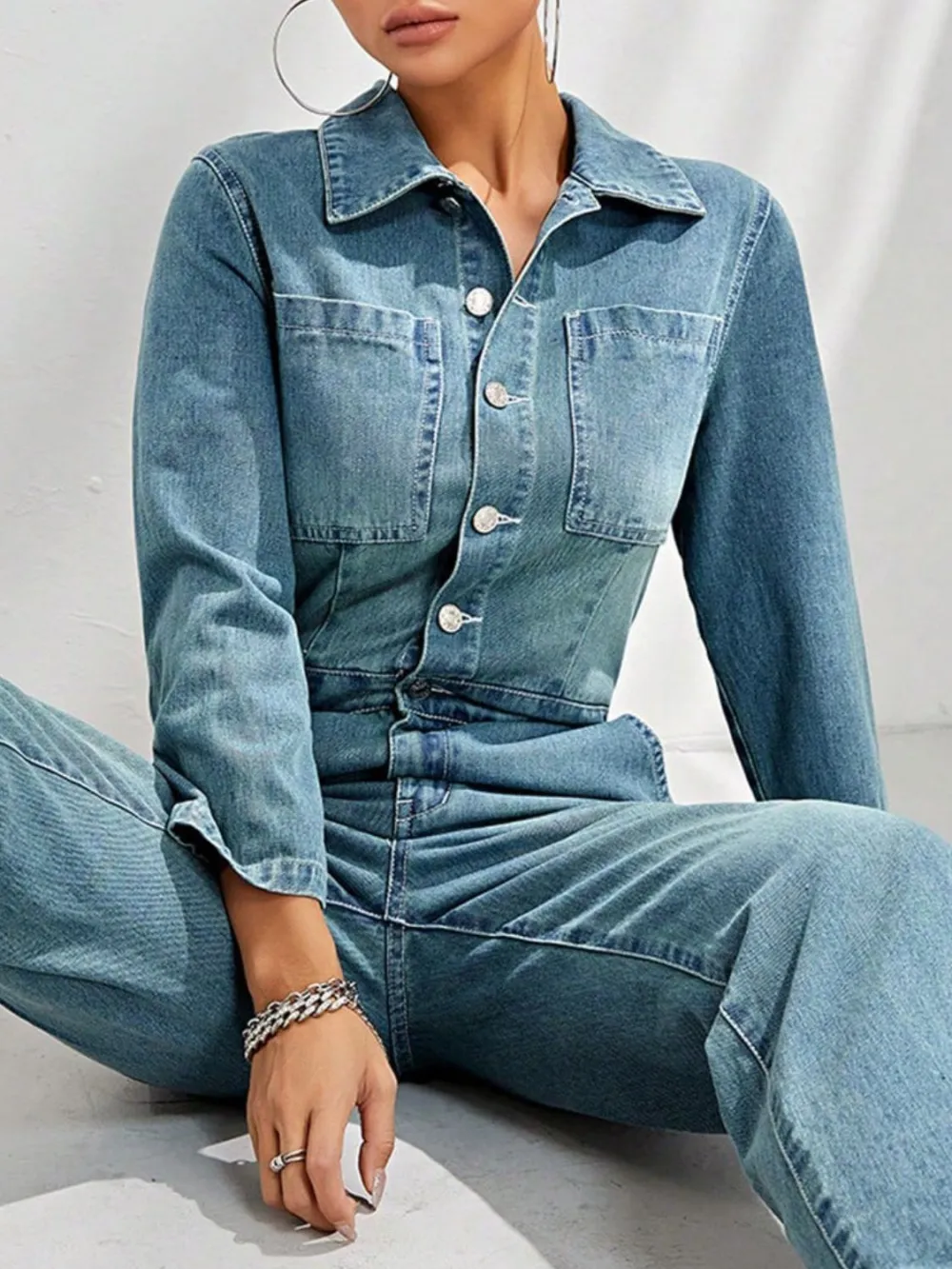 Half Button Long Sleeve Straight Leg Denim Pants