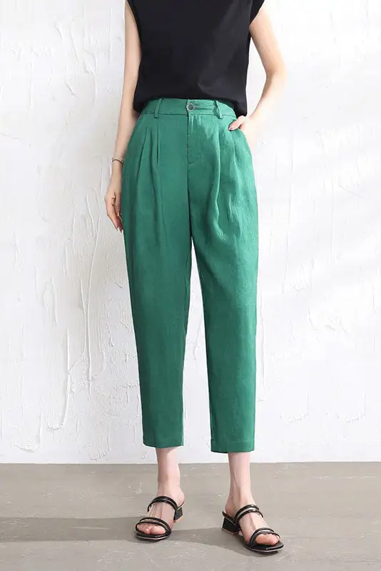 Refined Linen Elastic Waist Pleated Trousers