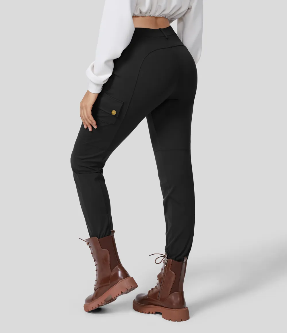 High Waisted Button Zipper Multiple Pockets Solid Skinny Cargo Pants