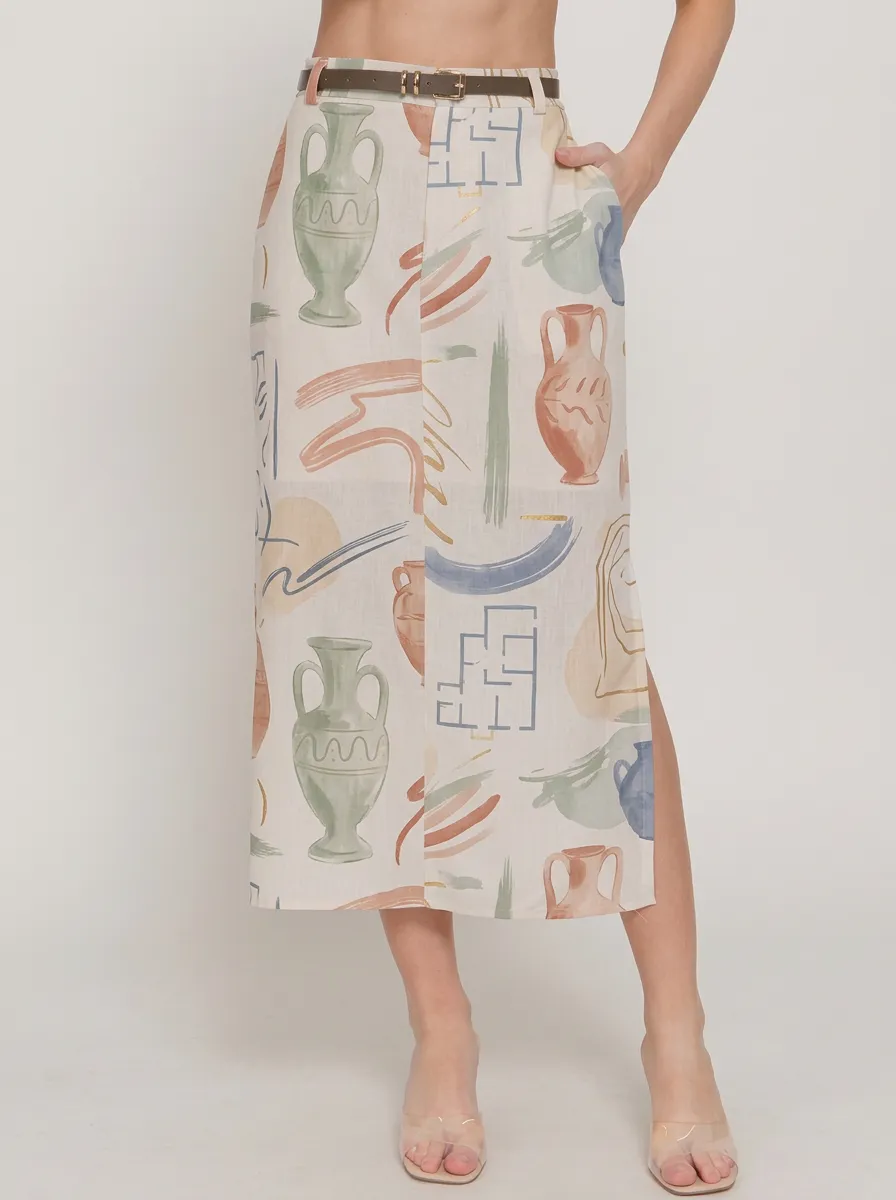 Women's Greek Art-Inspired Ancient Vase Printed Midi Skirt
