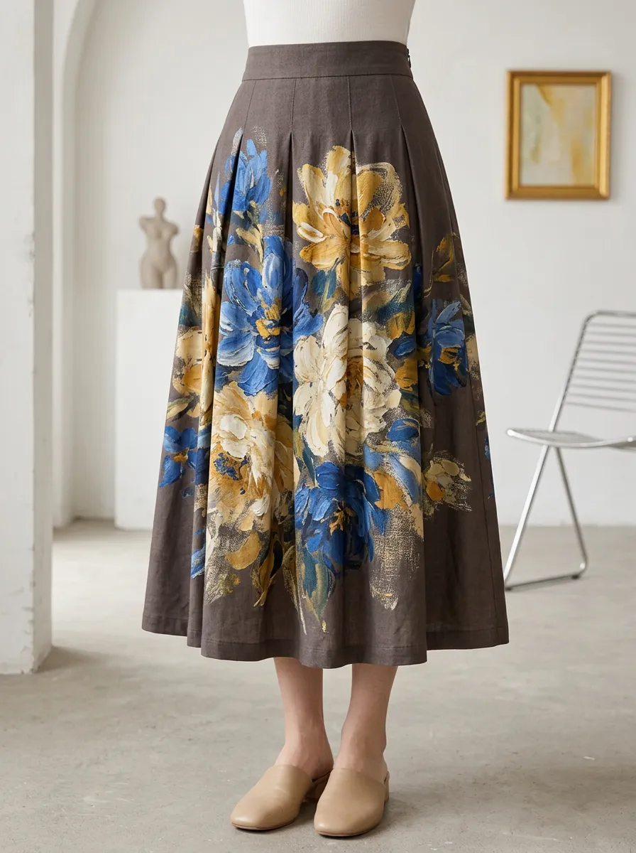 Women's Vintage Floral Art Blue Yellow Oil Painting Printed Midi Skirt