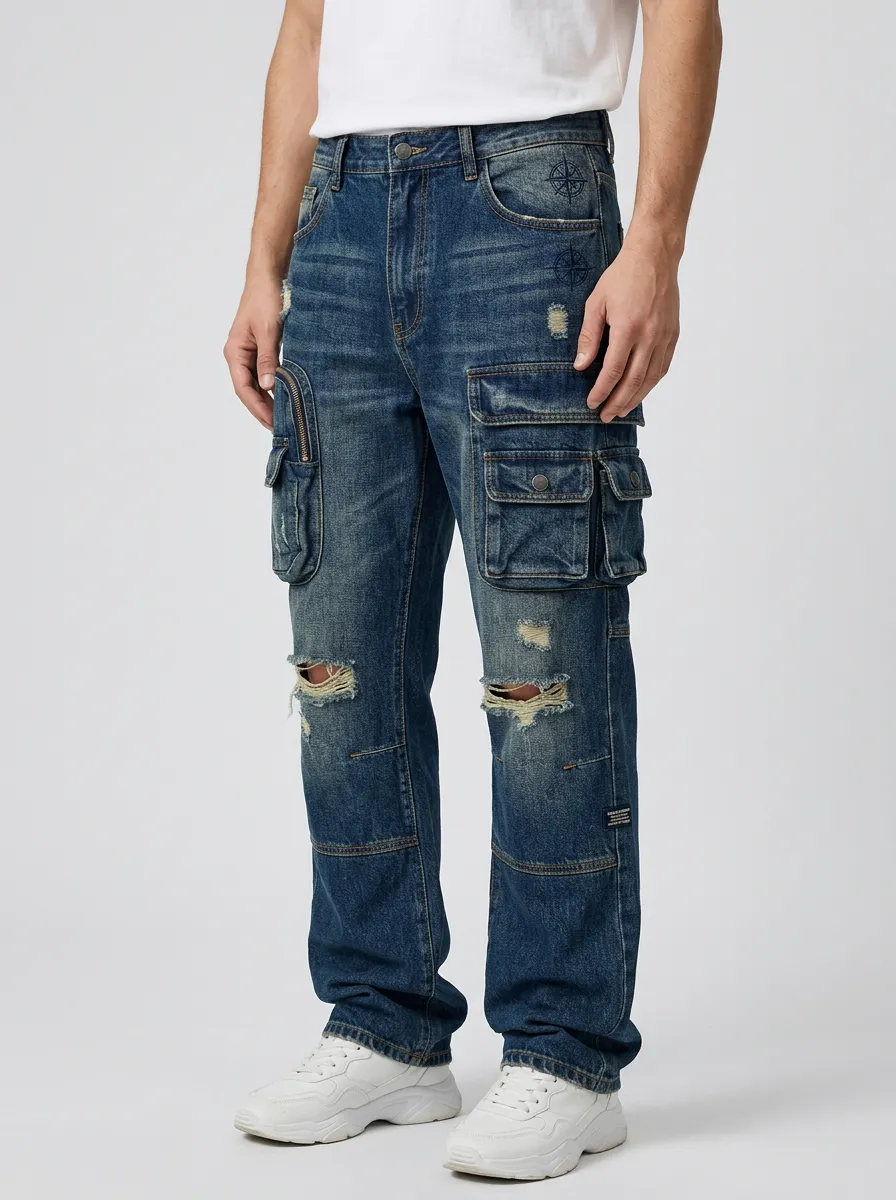 Men's Compass Graphic Distressed Denim Printed Cargo Jeans