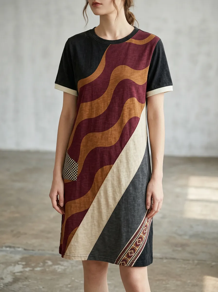 Women's Abstract Wave Geometric Printed T-shirt Dress