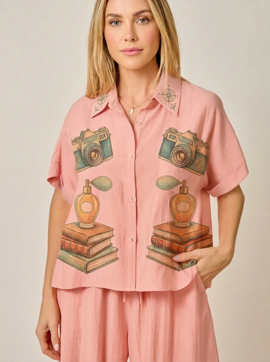 Women's Vintage Hobby Camera Perfume Book Graphic Shirt