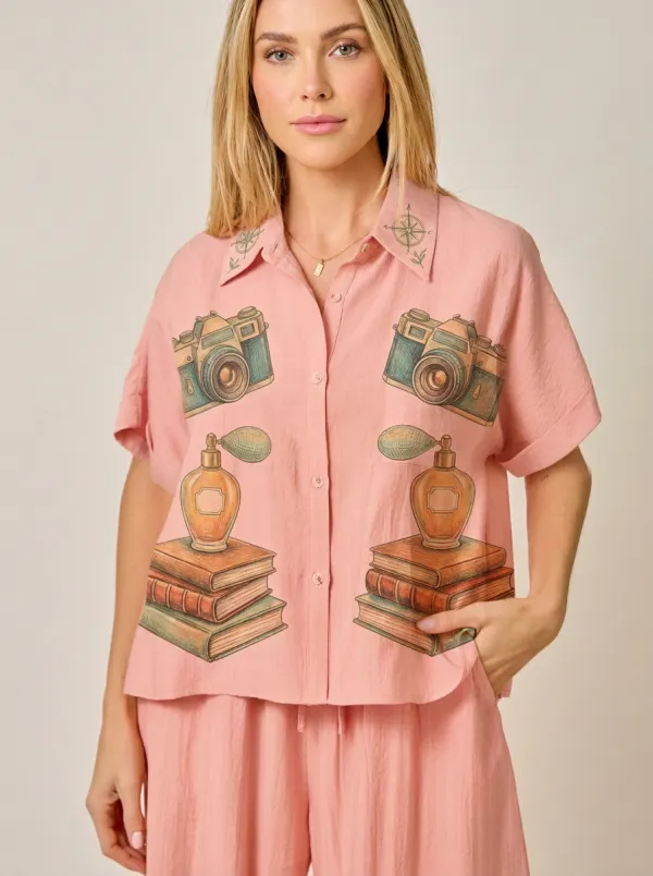 Women's Vintage Hobby Camera Perfume Book Graphic Shirt