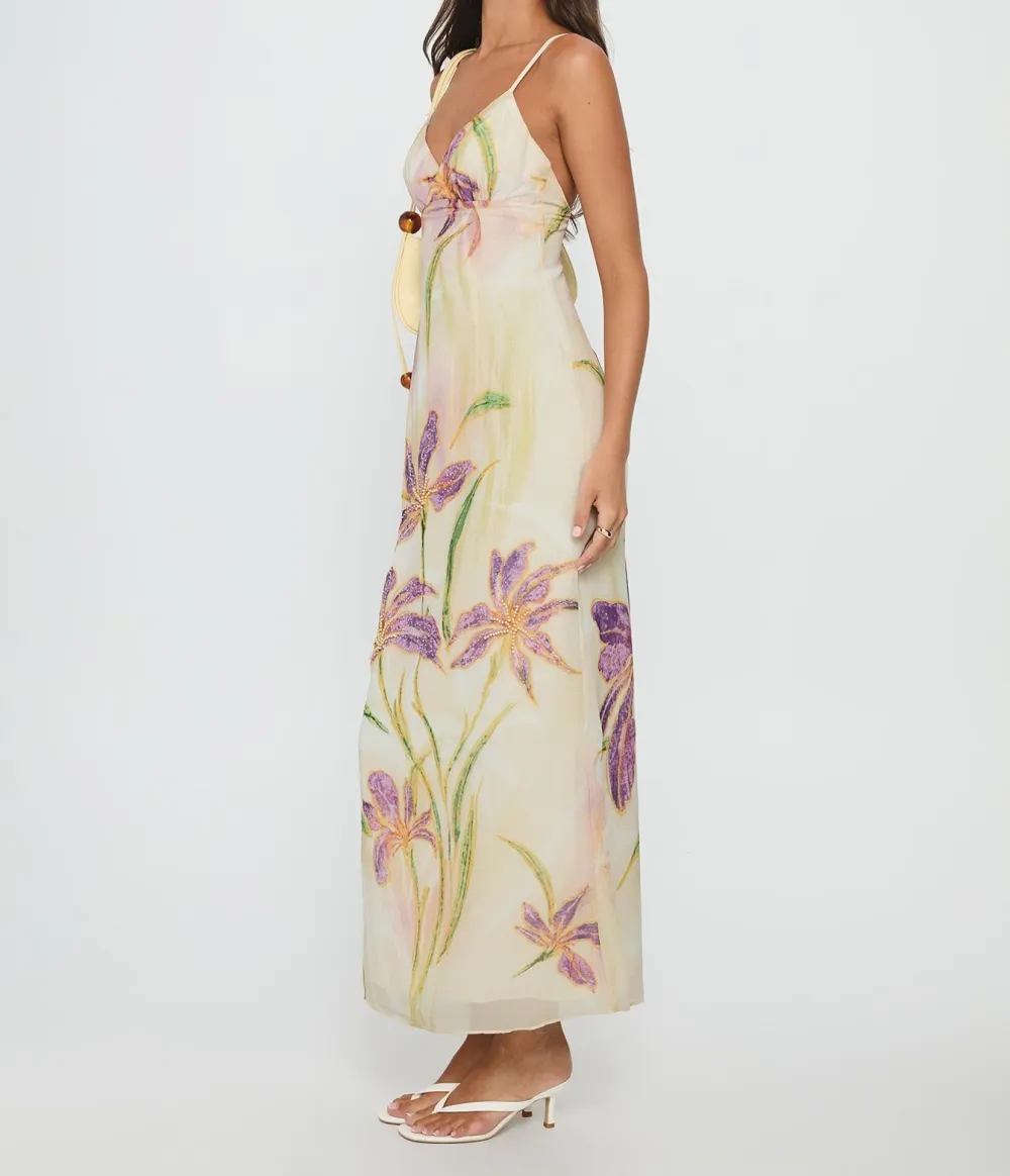 Multicolor Beaded Cut-Out Floral Maxi Dress