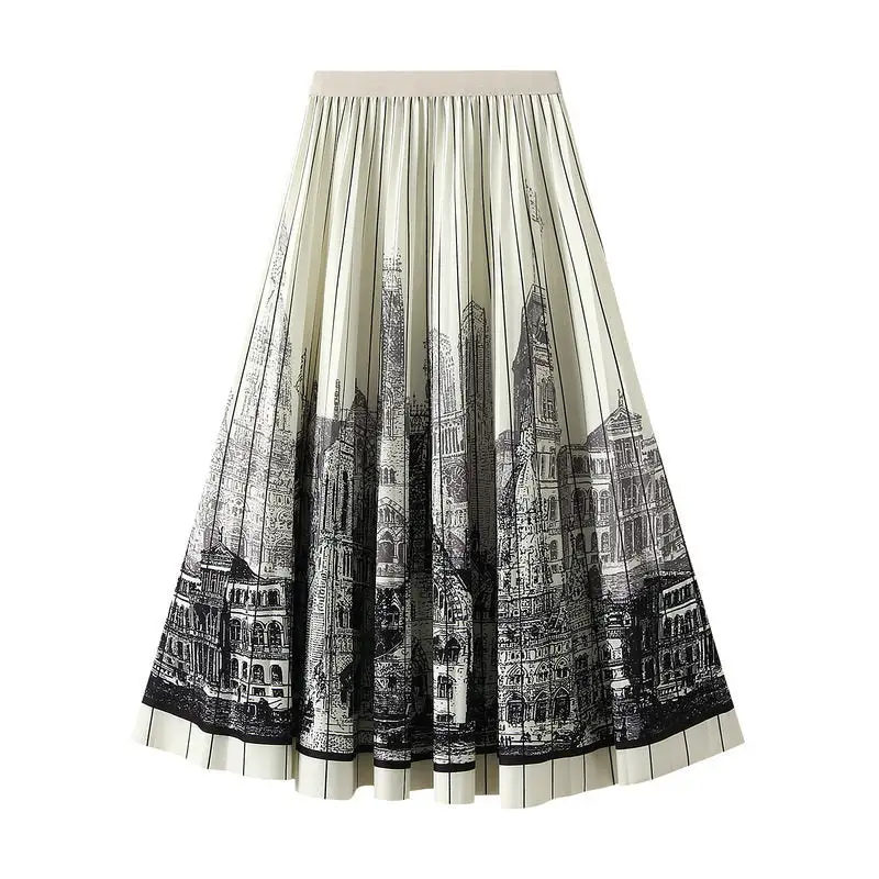 Utility Striped Geometric Print Pleated Midi Skirt