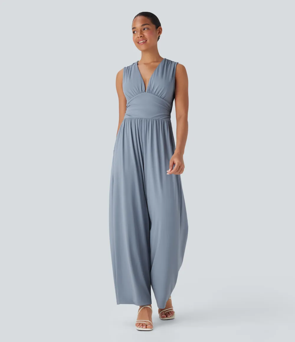SoftlyZero Airy V Neck Sleeveless Ruched Pocket Cool Touch Casual Jumpsuit-Easy Peezy