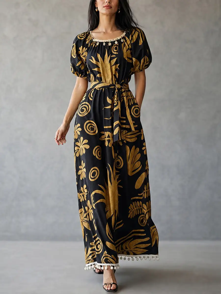 Puff Pleated Printed Neck Maxi Dress