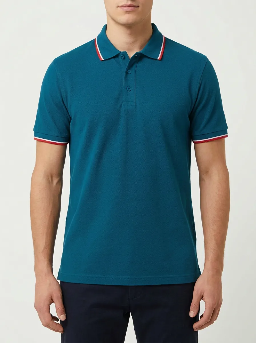 Men's Navy Blue Contrast Tipped Collar Printed Polo Shirt