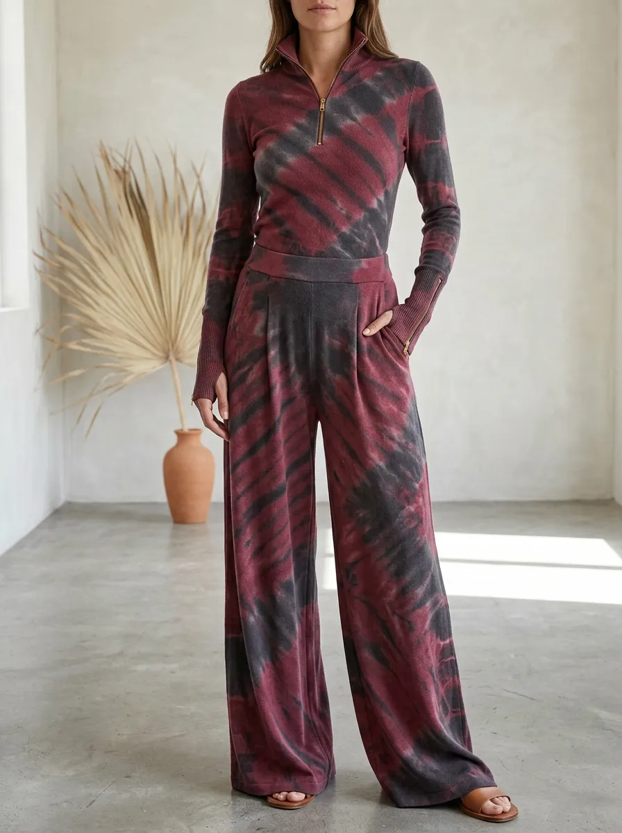 Women's Lounge Tie-Dye Patterned Quarter-Zip Wide Leg Pants Set