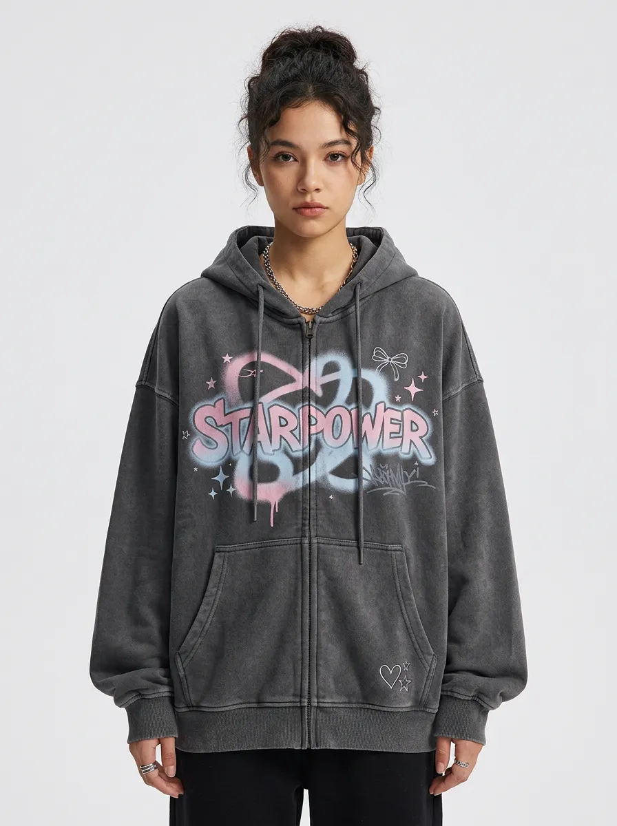 Women's Streetwear Starpower Graffiti Bow Star Printed Zip-up Hoodie