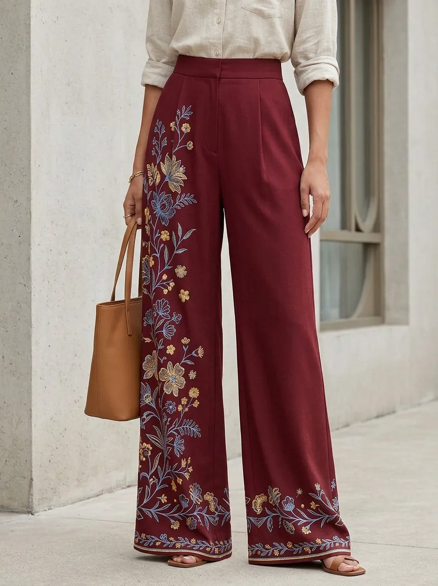 Women's Floral Botanical Blue Yellow Patterned High-Waist Wide-Leg Pants