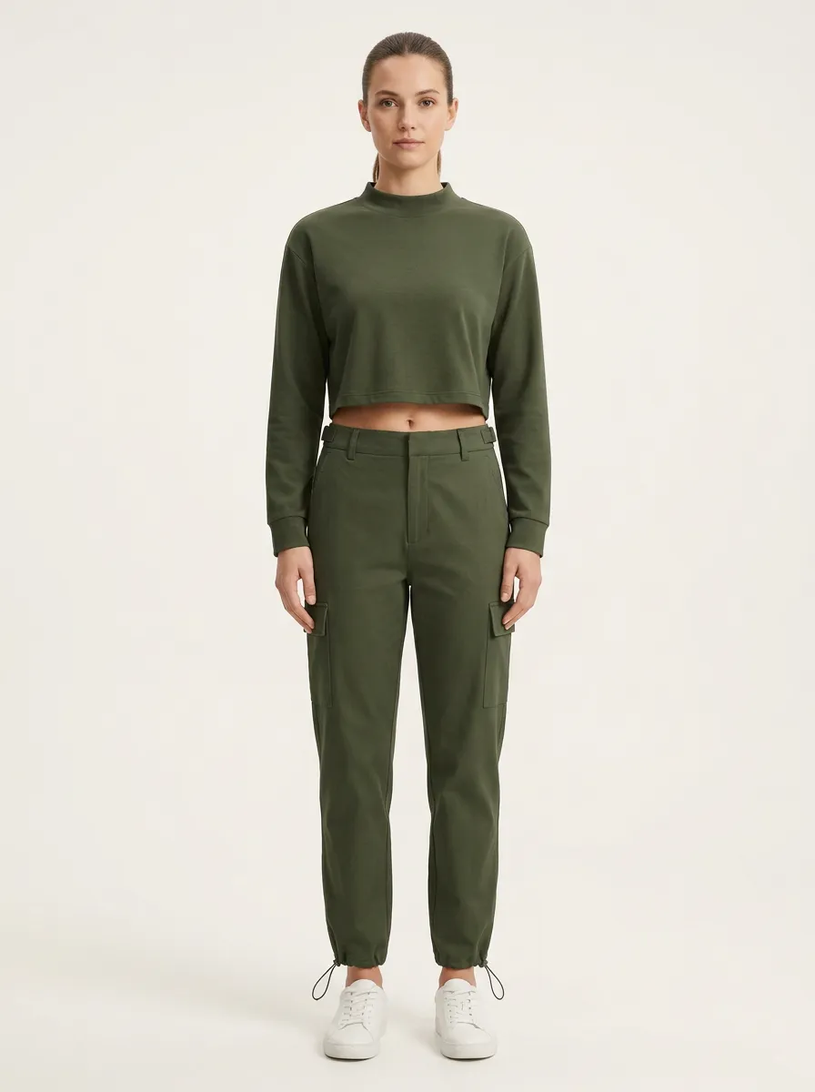 Women's Mock-Neck Raw-Hem Crop Top and Cargo Jogger Set