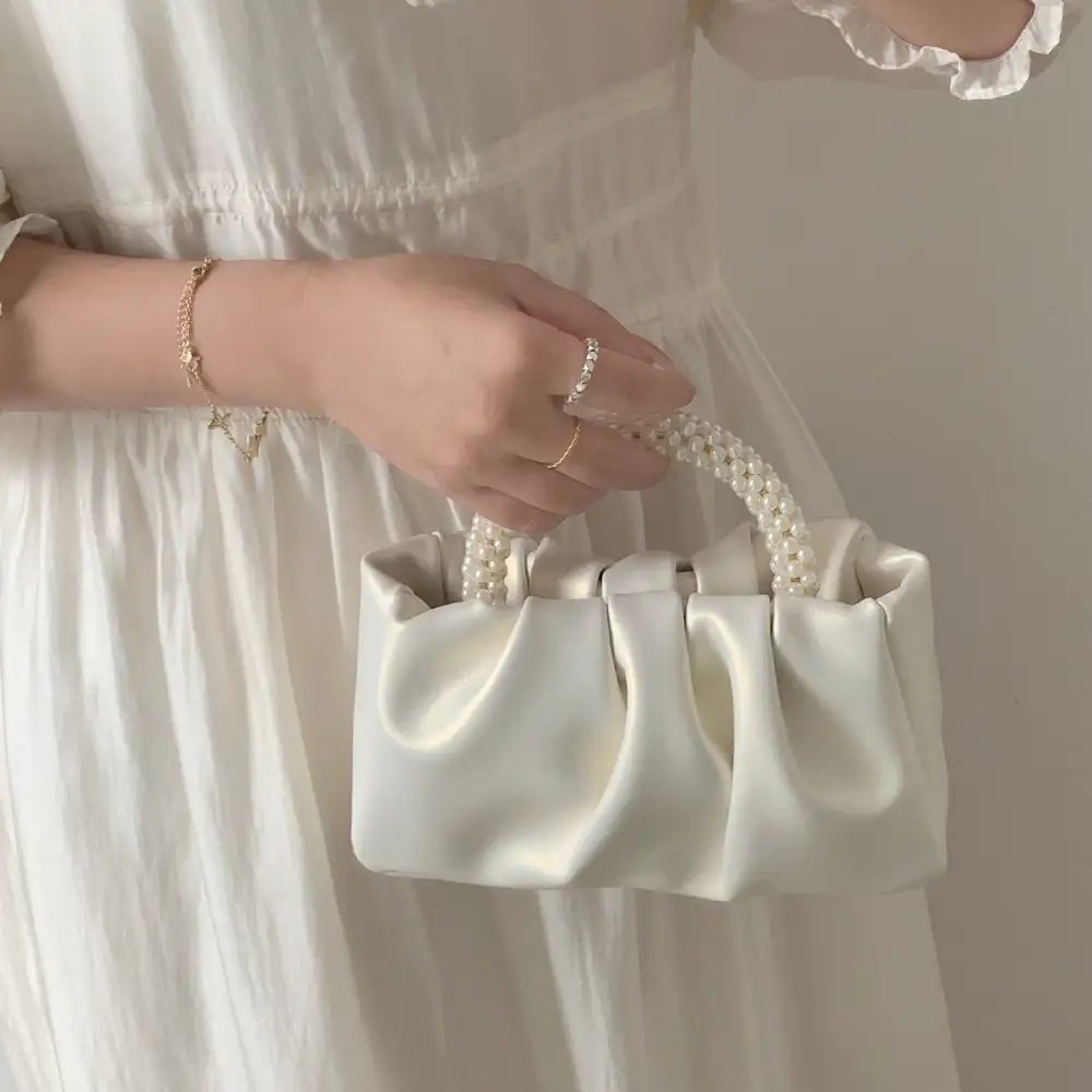 Compact Pearl Pleated Clutch Bag