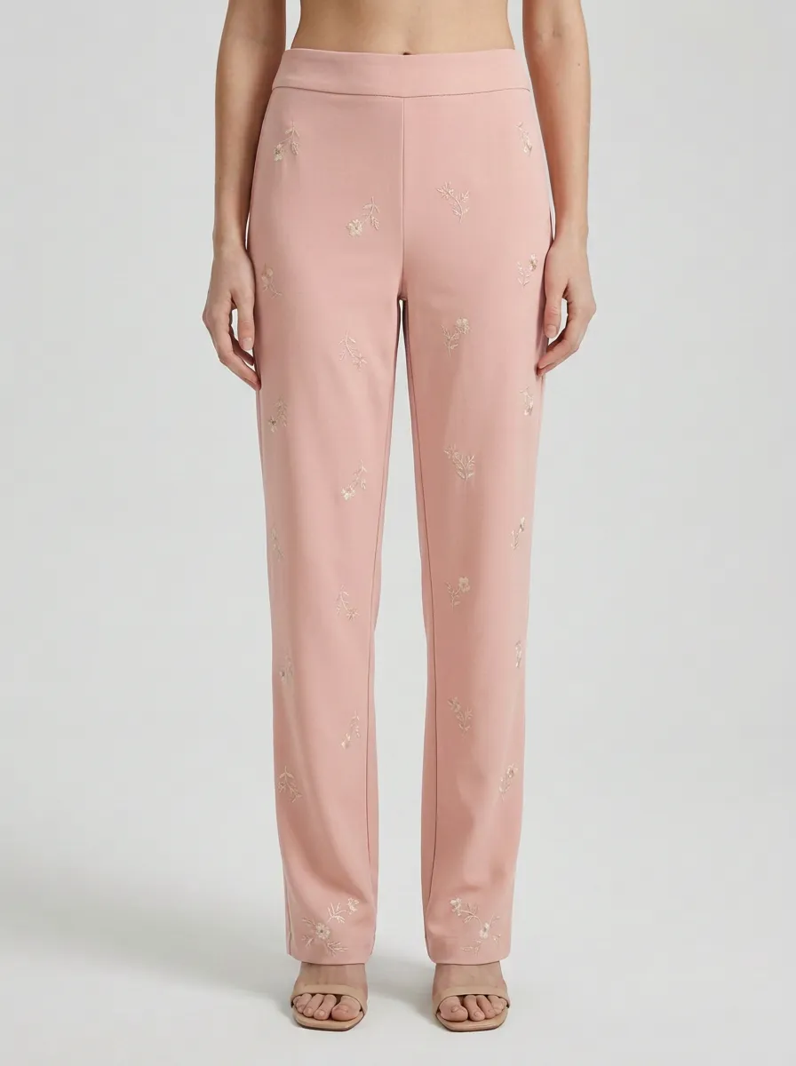 Women's Beige Floral Embroidered Mid-Rise Straight Leg Pants