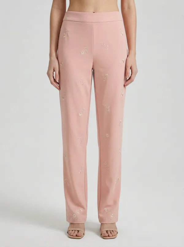 Women's Beige Floral Embroidered Mid-Rise Straight Leg Pants