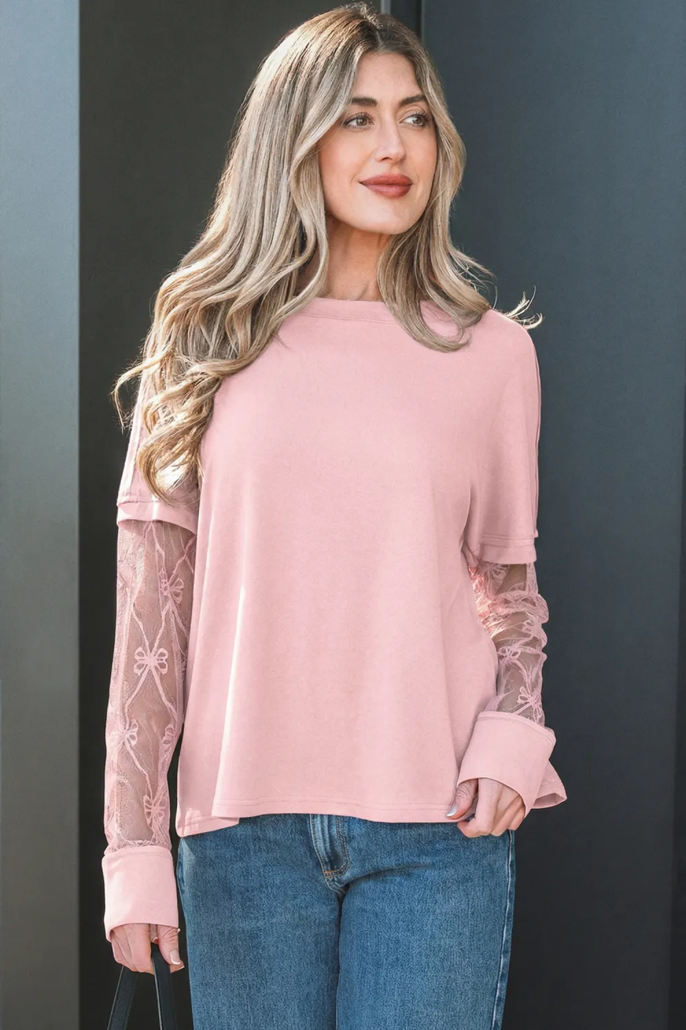Light Pink Bow Textured Patchwork Tee