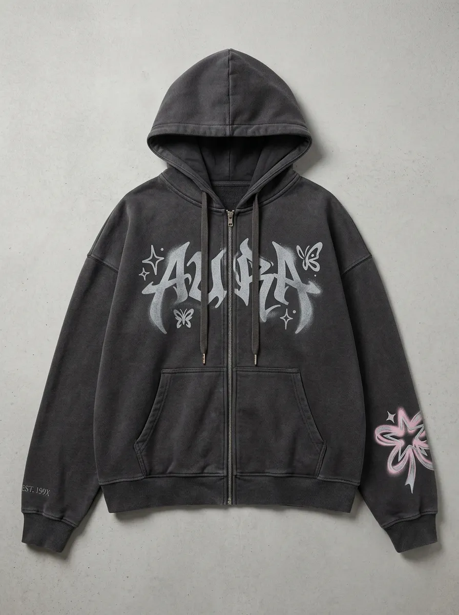 Unisex Streetwear Aura Butterfly Star Printed Zip-up Hoodie