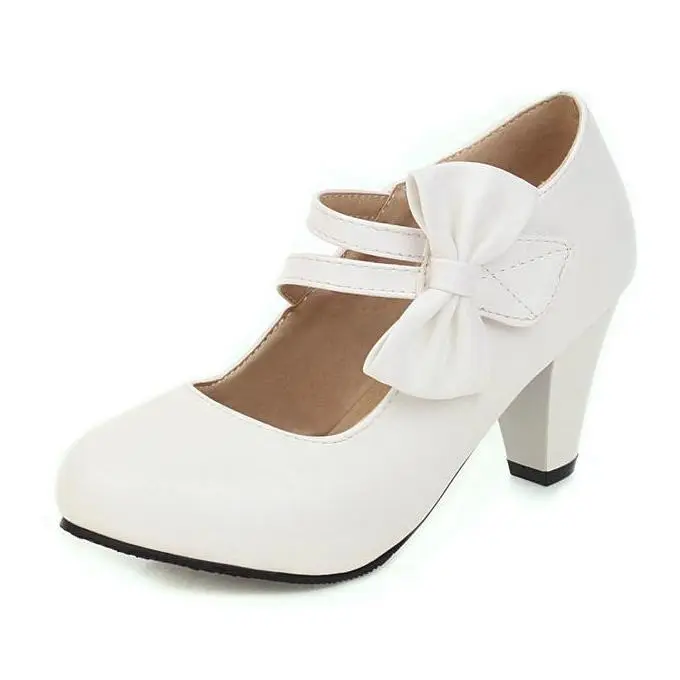 Bow Accent Round Toe Chunky Heel Pumps