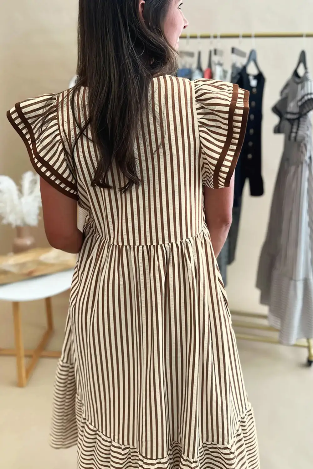 Stripe Short Sleeve V Neck Ruffle Trim Contrast Trim Casual Midi Dress