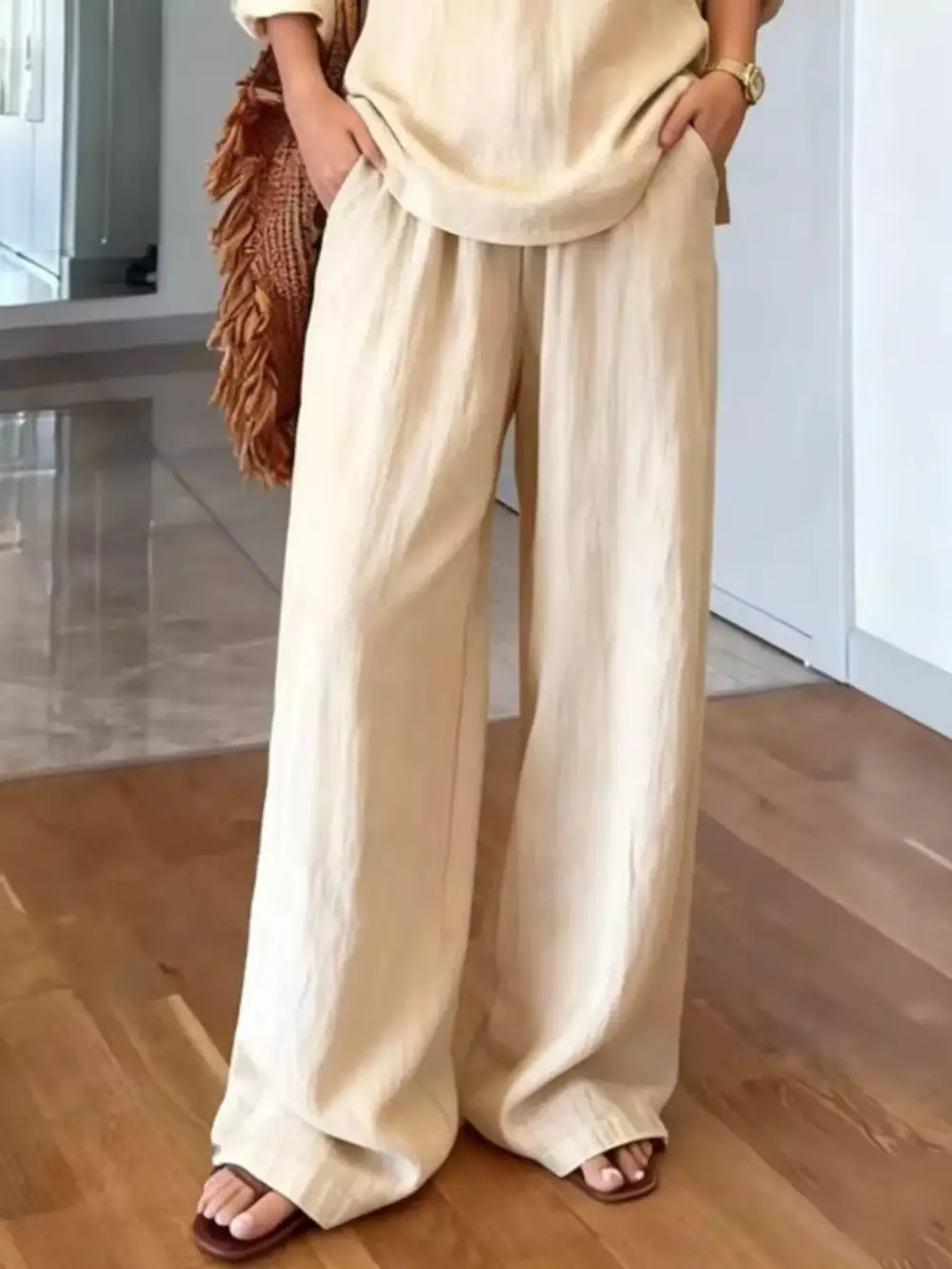 V Neck Top and Wide Leg Pants Set