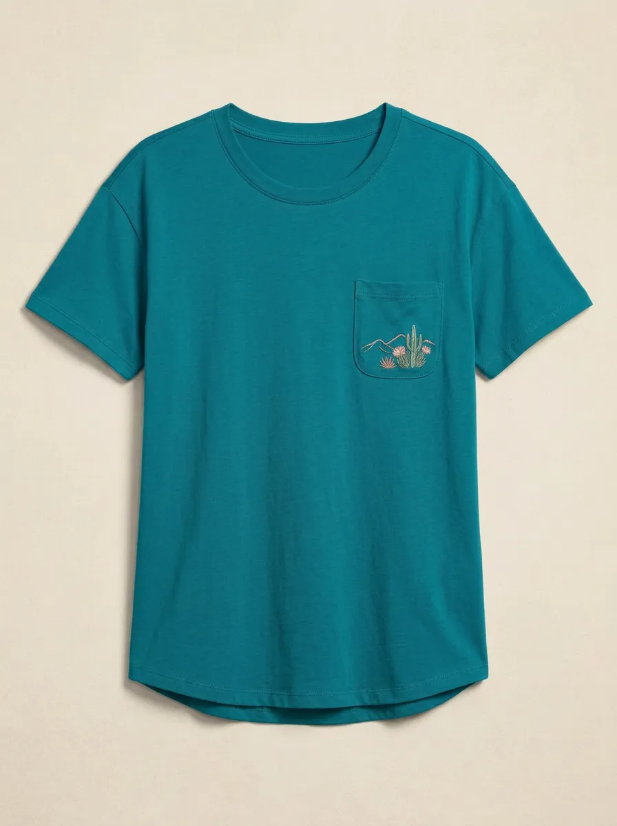 Women's Cactus & Mountain Embroidered Pocket Crewneck T-Shirt