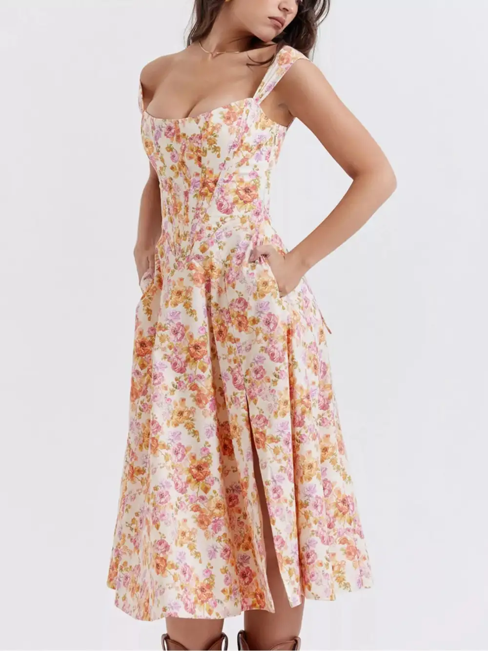 Drape Floral Printed Slit Midi Dress