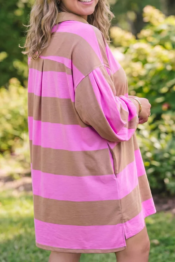 Women's Striped Colorblock V Neck Long Sleeve Mini Dress