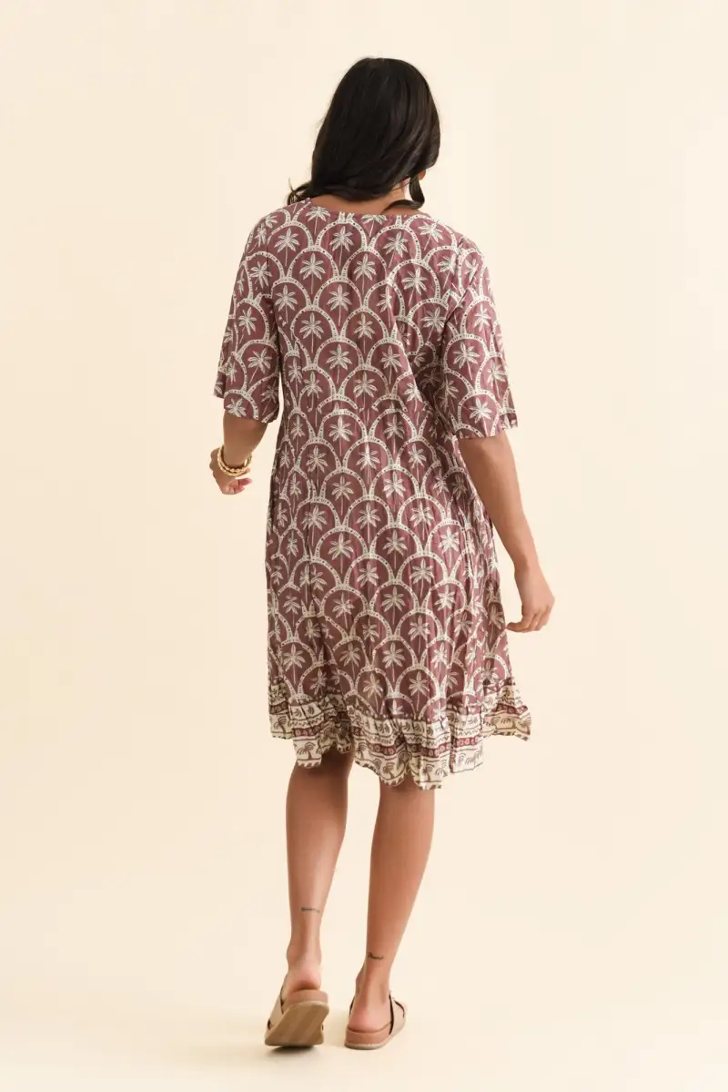 Knee-Length Geometric Cotton Gathered Pocket Ruffle V-Neck Dress