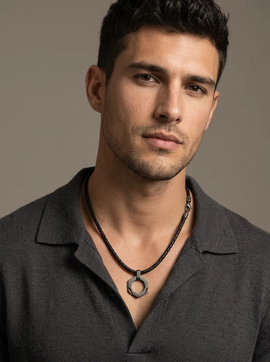 Men's Minimalist Hexagon Pendant Braided Leather Necklace