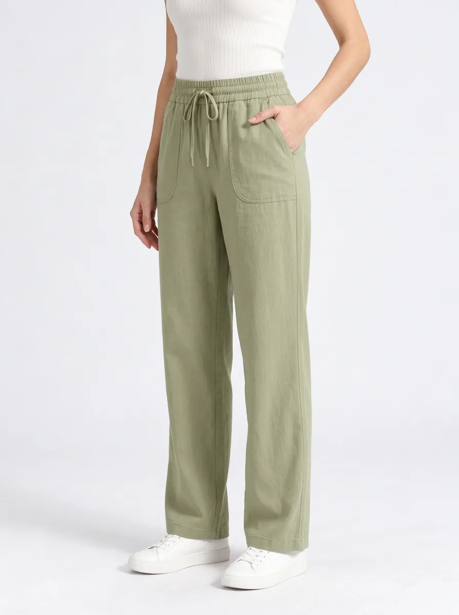 Women's Olive Green Casual Elastic Waist Pants with Drawstring and Linen Blend