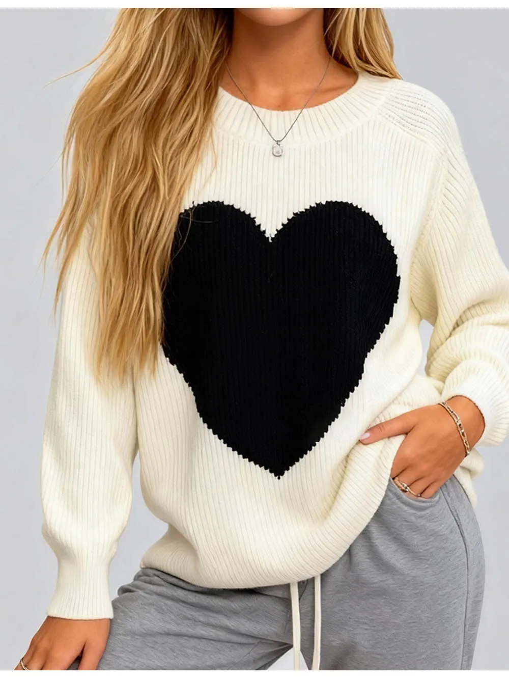 Valentine Heart Color Block Round Neck Sweater