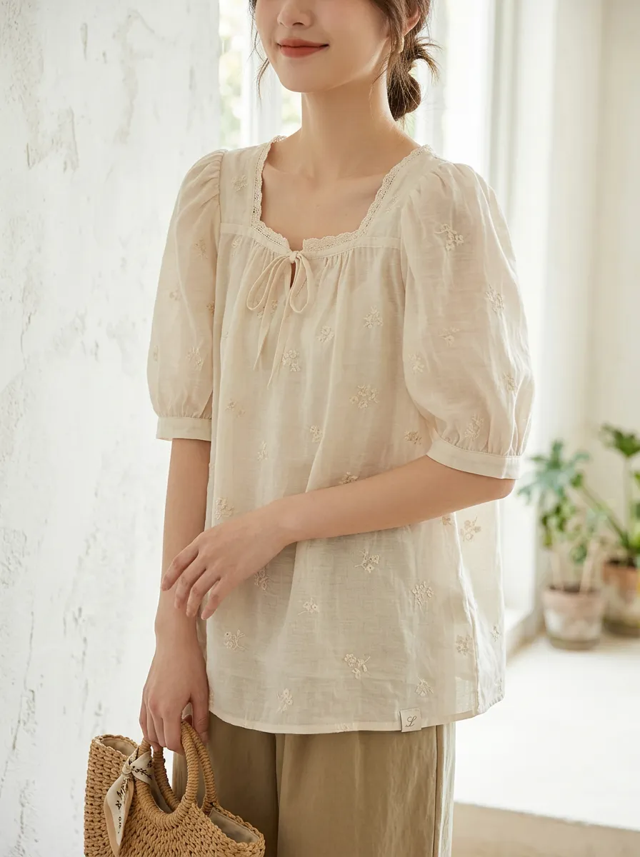 Casual Embroidered Women's Puff-Sleeve Blouse