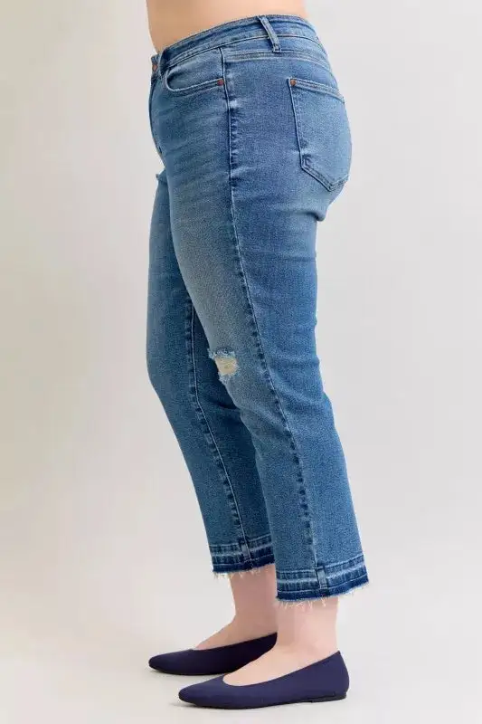 Mid Rise Raw Hem Distressed Boyfriend Jeans