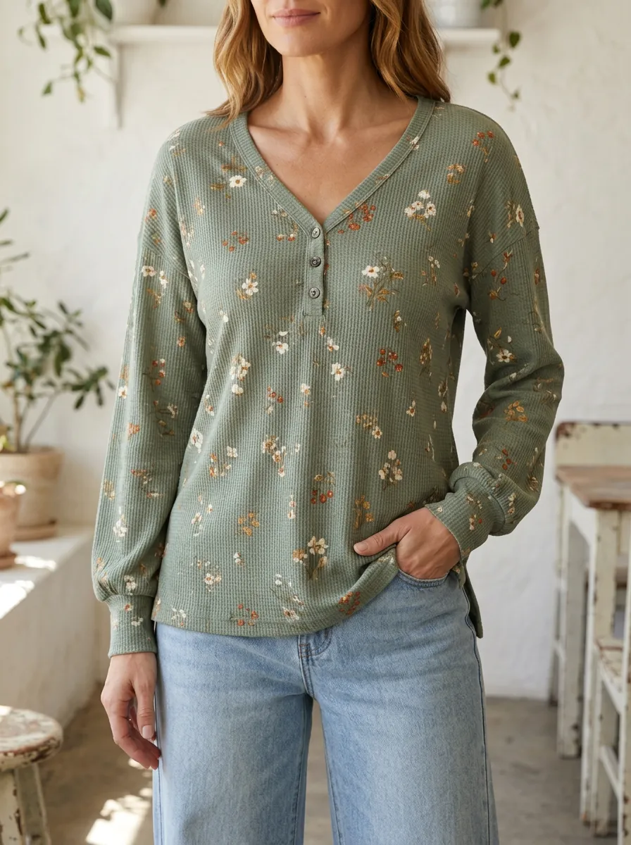 Women's Floral Pattern Waffle Knit Printed Top V-Neck Button T-Shirt