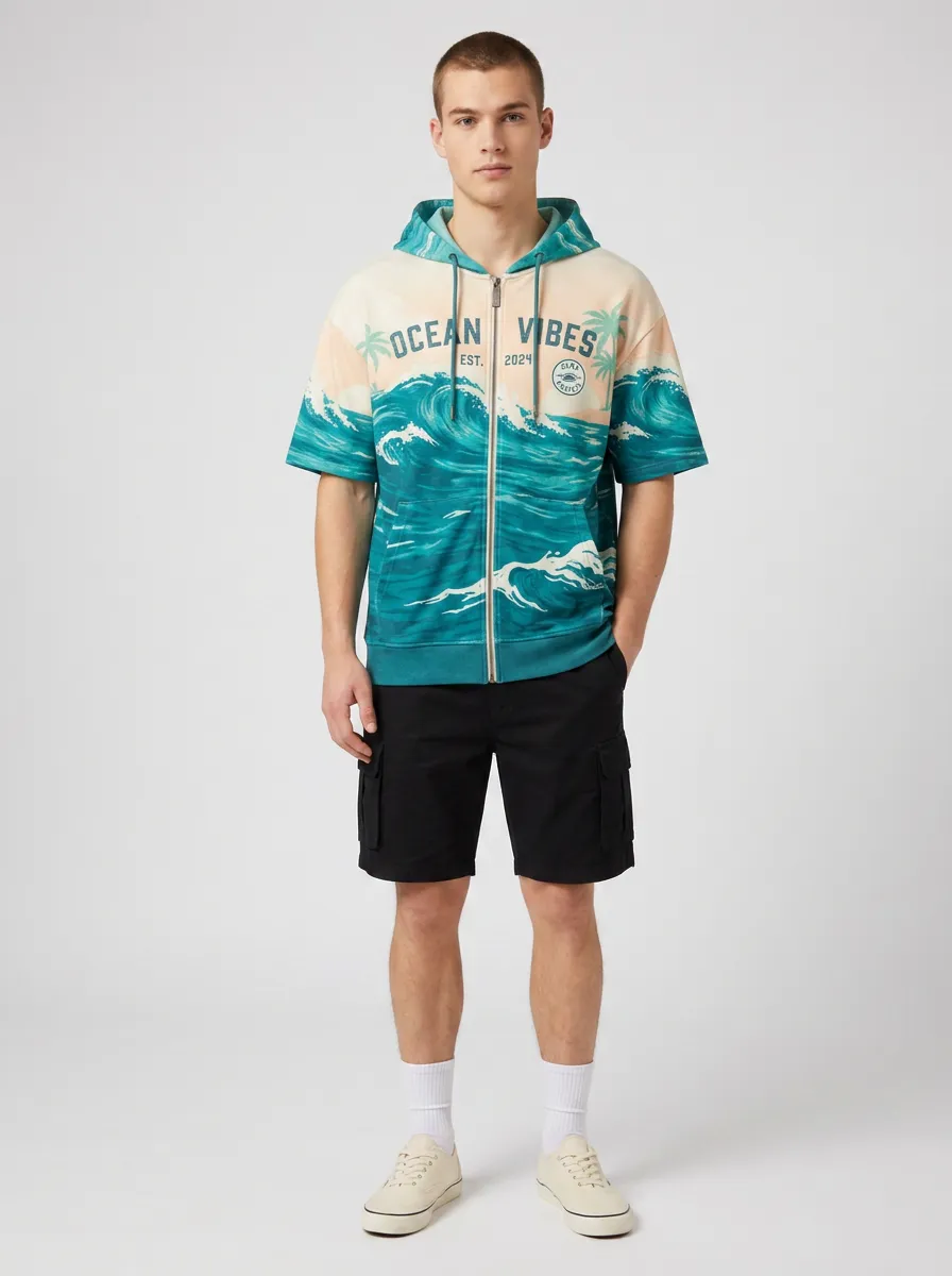 Men's Ocean Vibes Beach Palm Tree Wave Printed Short Sleeve Zip Hoodie