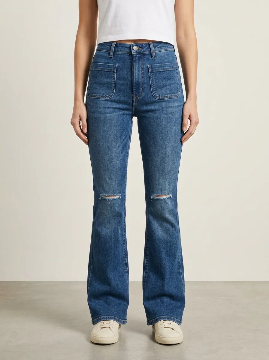 Women's High-Rise Front Patch-Pocket Slit-Knee Flare Jeans