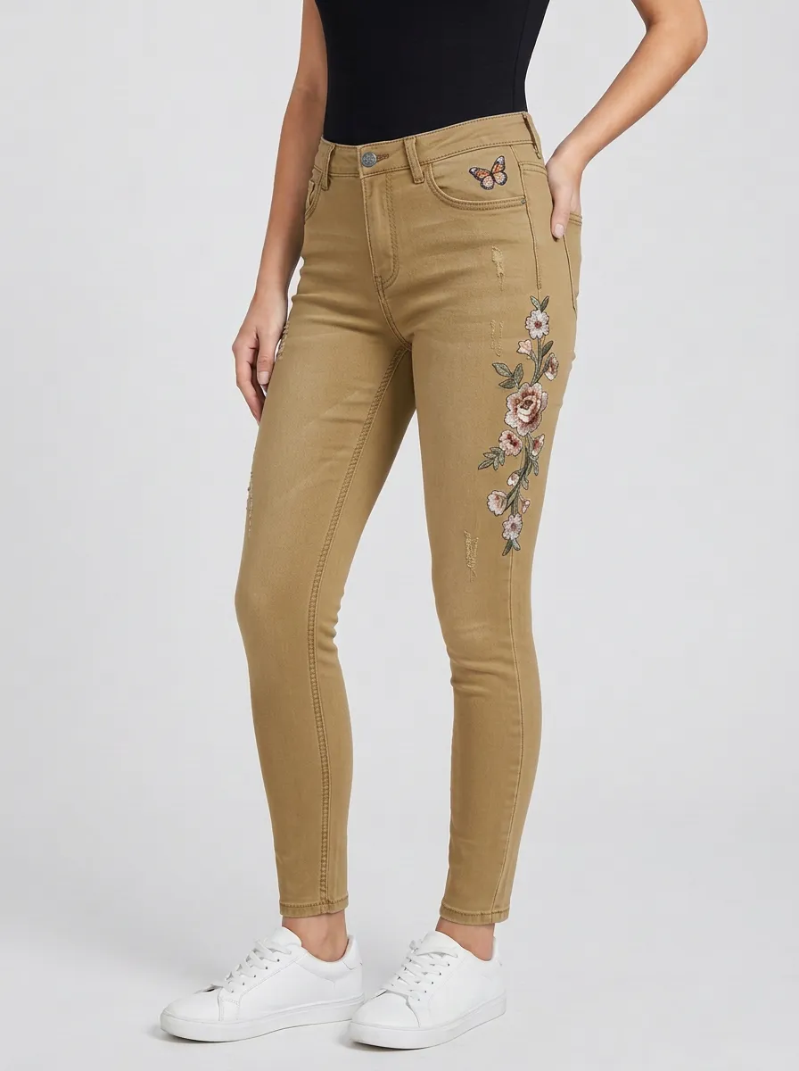 Women's Atlas Floral Butterfly Nature Embroidered Printed Slim Jeans
