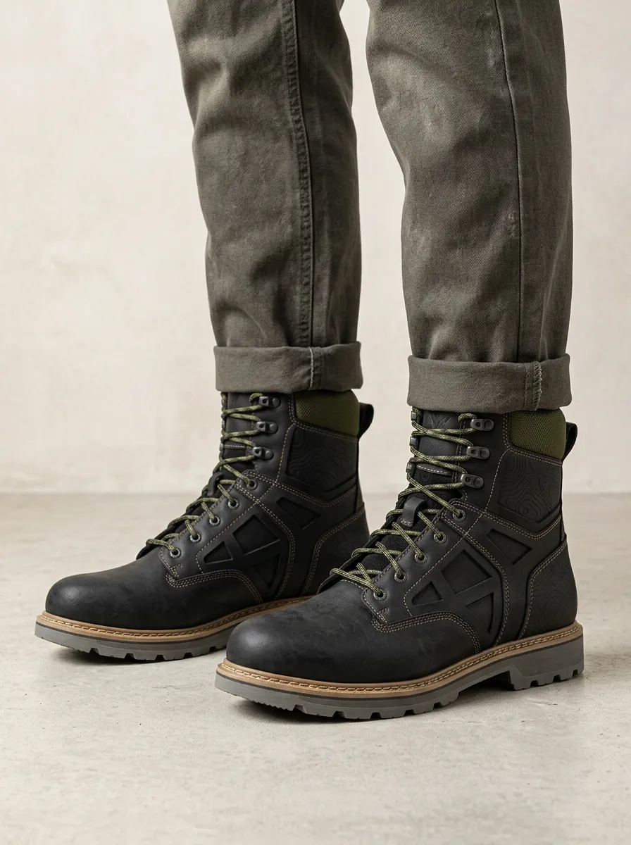 Men's Rugged Style Hiking Topographic Pattern Work Boots